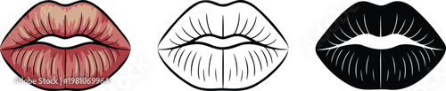Female lips silhouette & Outline and illustration set isolated on transparent background