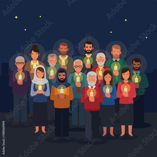 A diverse group holding glowing candles together during a nighttime peace vigil