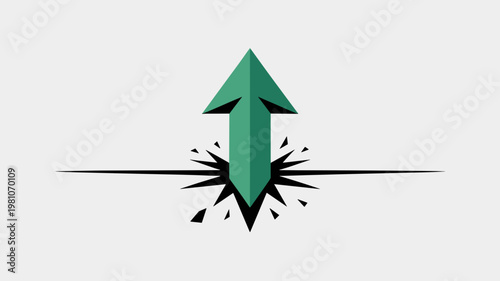 Green arrow breaking through obstacle – Great for achievement, financial growth, or disruptive technology branding.