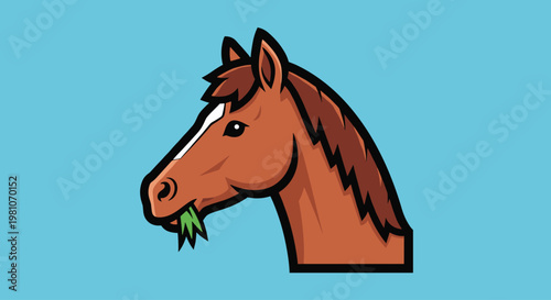 Brown Horse Eating Green Grass Sideways.