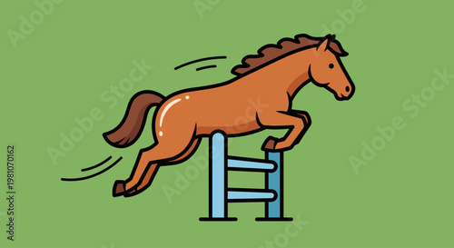 Brown Horse Jumping Over Blue Hurdle.