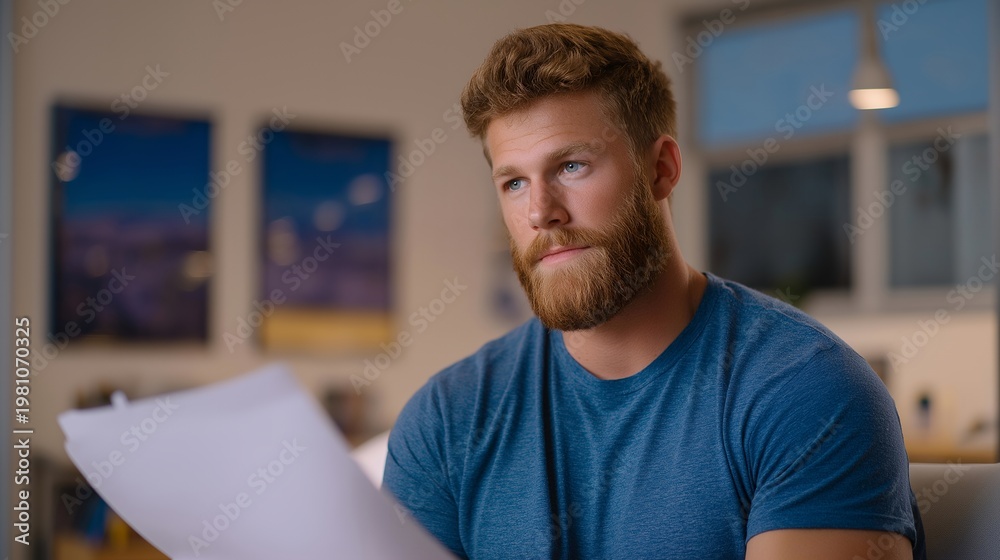 Fototapeta premium Veteran student in a campus veterans resource office filling out housing benefit paperwork, diploma and discharge certificate framed side by side on the wall behind the counselor, perfect for