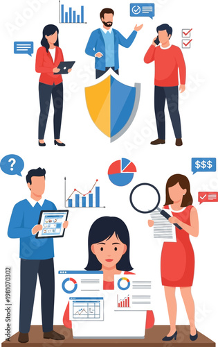 Analysts examine complex data and statistics.