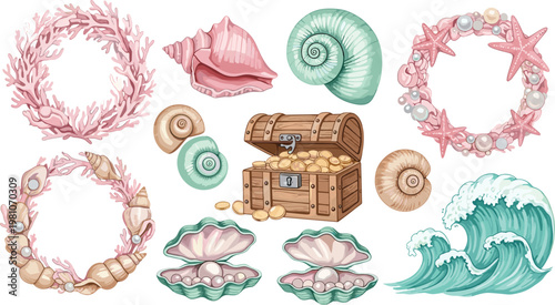 Under the Sea Vector Illustration Set Featuring Coral Wreaths, Treasure Chest with Gold, Seashells with Pearls, Starfish, and Ocean Waves for Coastal Summer Designs