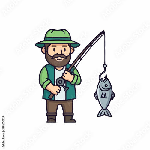 Cartoon fisherman holding a fishing rod with a fish on the hook.