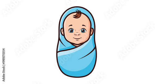 Cute cartoon of a newborn baby boy wrapped in a blue swaddle on white backdrop