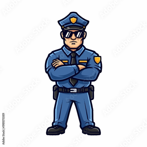 Cartoon Police Officer Standing Confidently Arms Crossed.