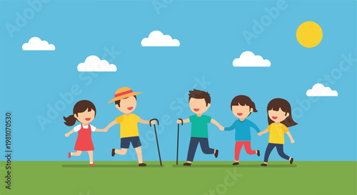 Happy diverse kids with canes walking and holding hands on a sunny green field