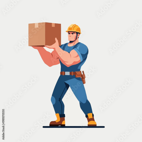 Construction worker carrying a heavy cardboard box overhead.