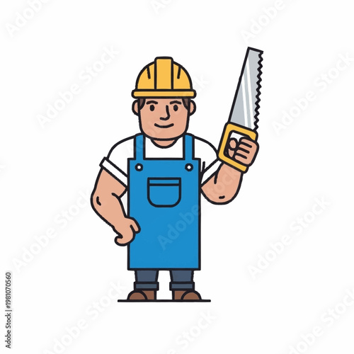 Construction worker holding a hand saw wearing a hard hat and overalls.