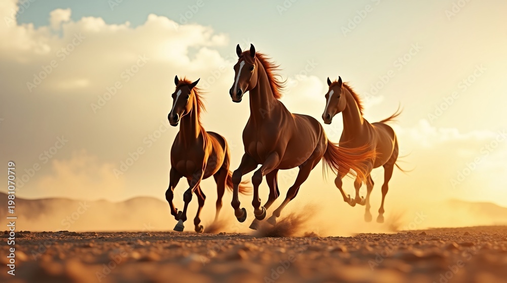 Fototapeta premium Three chestnut horses with white facial markings gallop powerfully across a sunlit desert plain, kicking up dust, against a golden sunset sky with distant mountains.