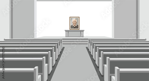 Empty funeral chapel with pews and a memorial portrait of a smiling elderly man