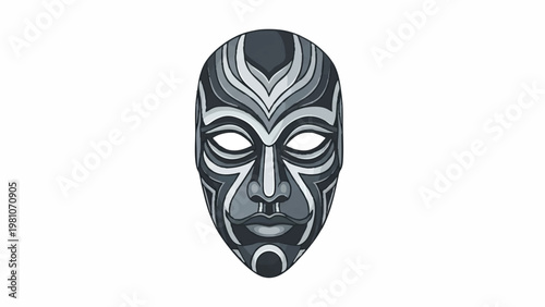 Detailed vector graphic illustration of a stylized tribal mask, featuring intricate cultural patterns in shades of gray, embodying ancient artistry and mystique