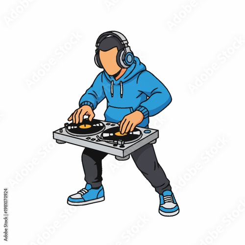 Foto DJ wearing headphones plays music on turntables.