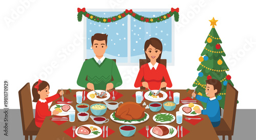A happy family of four eats a festive Christmas dinner with roast turkey and ham