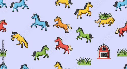 Colorful cartoon horses running freely outside.