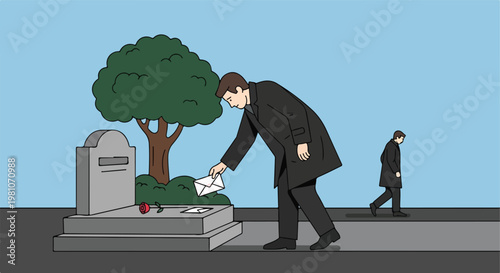 Sad man places a letter on a grave while another person walks in the background