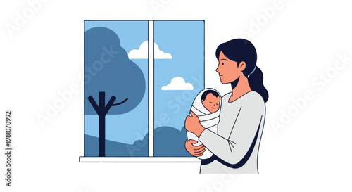Woman holds swaddled newborn baby by a window overlooking trees and blue clouds