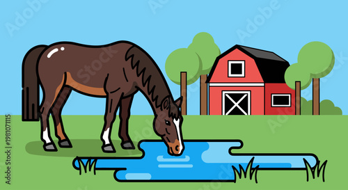 Brown Horse Drinking from Water.