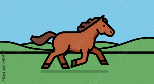 Brown Horse Running on Green Field.