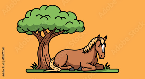 Brown Horse Lying Under Tree.