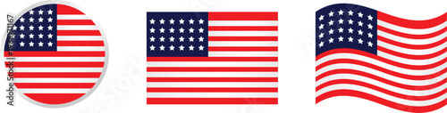 USA Flag Set. Circle, Flat and Wavy American Flag Vector Illustration.