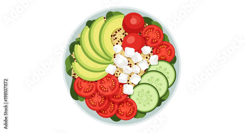 Fresh gourmet salad featuring delicious green cucumbers, radishes, and tomatoes served as a healthy vegetable appetizer on a white plate background