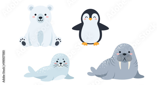 A cute vector illustration of a happy penguin family enjoying a cold winter holiday on the Antarctic snow and ice