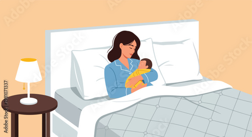 Vector illustration of a mother holding her swaddled infant while sitting in bed