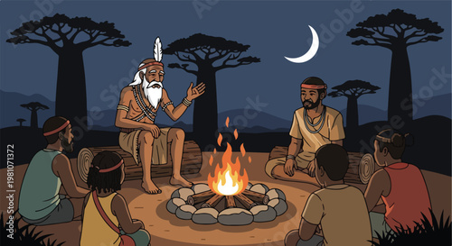 Tribal elder tells stories around a campfire under baobab trees at night