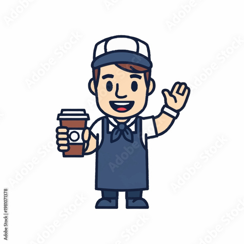 Friendly Barista Holding Coffee Cup Waving Hello Cartoon.