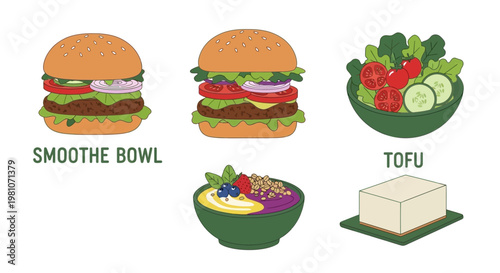 Isolated set of different vegetable and food icons featuring a fast food beef cheeseburger with lettuce, tomato, and onion on a sesame bun for a lunch meal