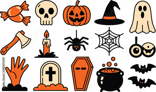 Assorted flat design halloween icons in orange and black candy skull jack-o'-lantern witch hat ghost axe candle spider spiderweb eyeball zombie hand tombstone coffin cauldron bats with halloween