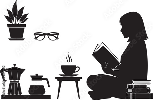 Woman reading book surrounded by coffee plant glasses