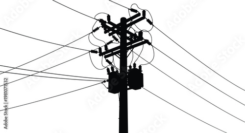Electric transformer pole silhouette vector illustration, black and white power distribution equipment, utility infrastructure for energy transmission and electrical network design