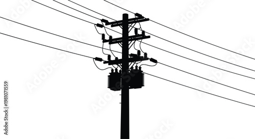Electric transformer utility pole vector illustration, black and white silhouette with power lines, energy distribution infrastructure for electrical network concept design