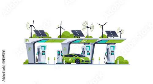 A vector illustration of a cartoon green house and a modern city building design featuring business icons and energy power symbols