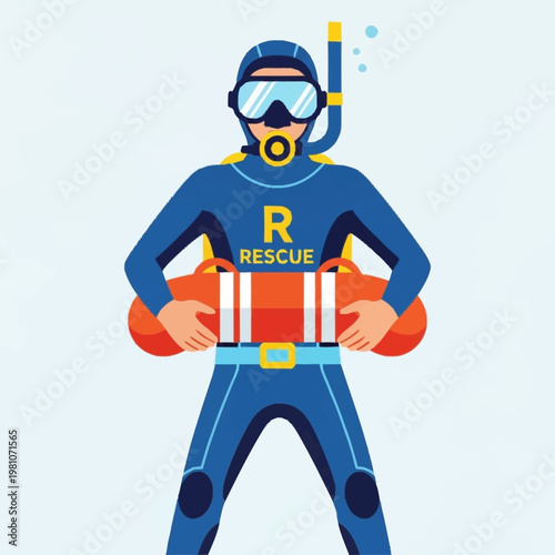 Lifeguard in wetsuit holding rescue buoy ready for action.