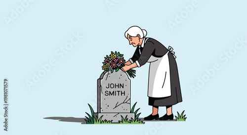 Senior woman placing a colorful bouquet of flowers on a tombstone in a cemetery
