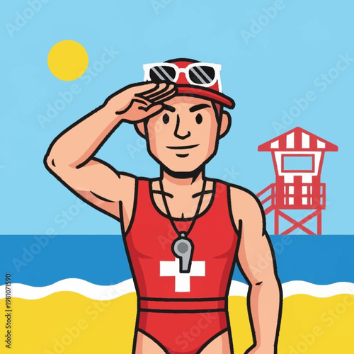 Lifeguard standing at attention on a beach with a lifeguard tower.