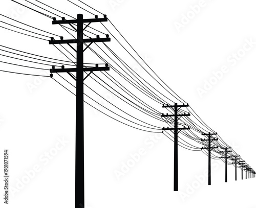 WebAElectric utility poles perspective vector illustration, black and white silhouette power lines, transmission infrastructure for energy grid distribution concept design
