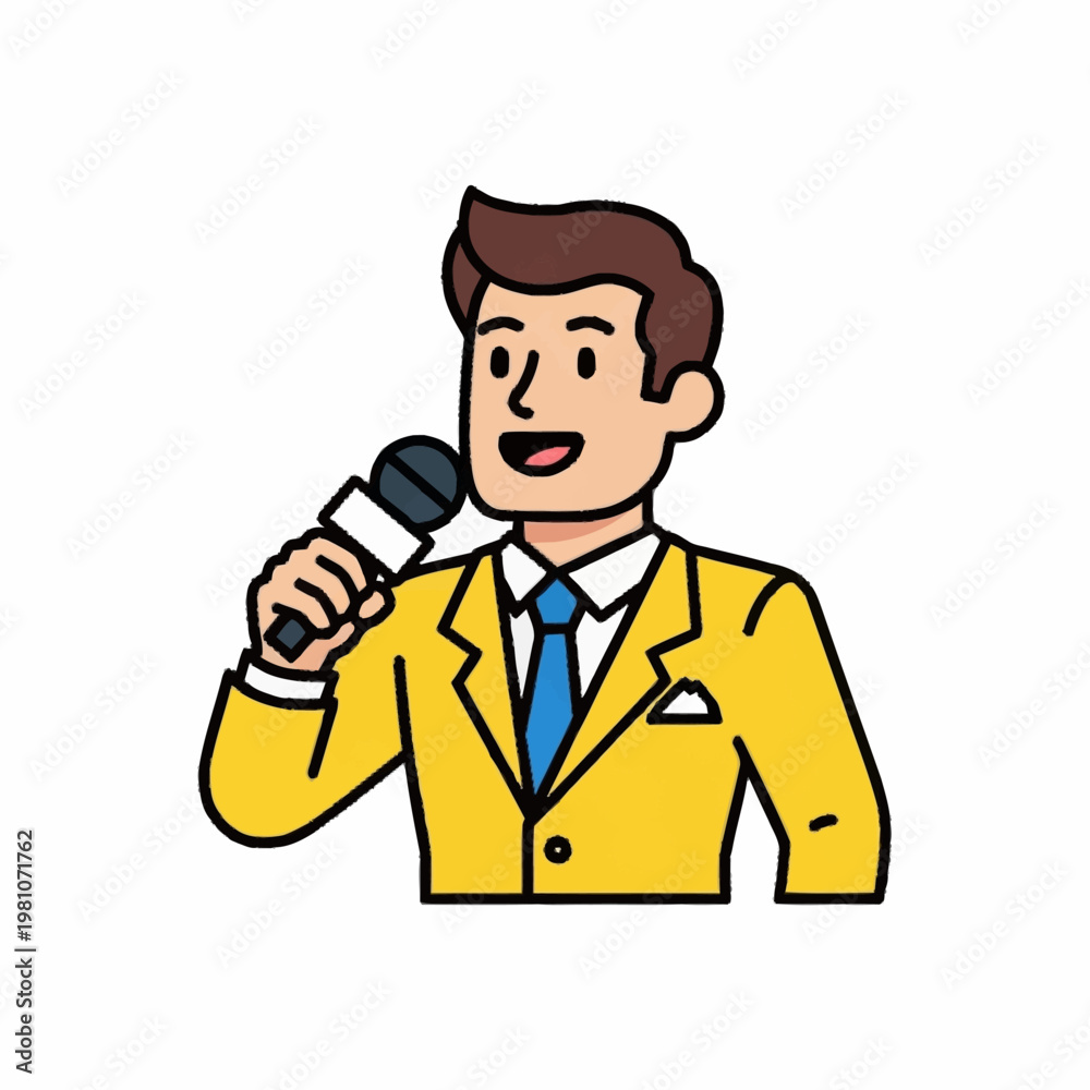 Naklejka premium Man in Yellow Suit Holding Microphone Speaking.