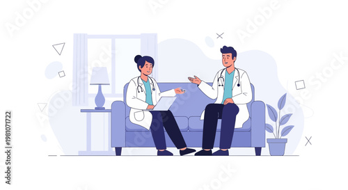 Two doctors discussing medical case on laptop in a modern living room