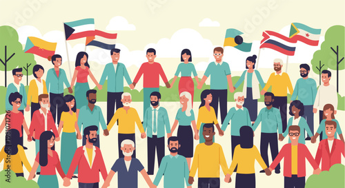 Flat vector of diverse multiracial people holding hands in unity with many flags