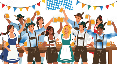 Group of happy friends in traditional Bavarian attire toasting with beer mugs