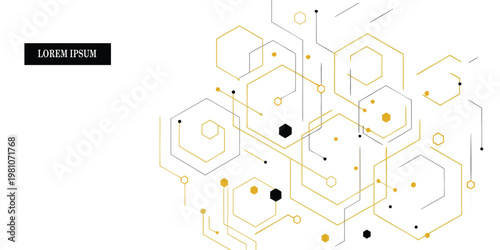 Abstract geometric background with gold and grey hexagonal outlines connected by thin lines and small dots on a white backdrop with a black text box containing the placeholder text l o r e m i p s u m