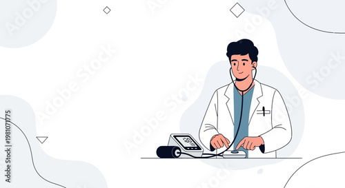 Doctor checking patient's blood pressure with stethoscope and monitor, medical illustration