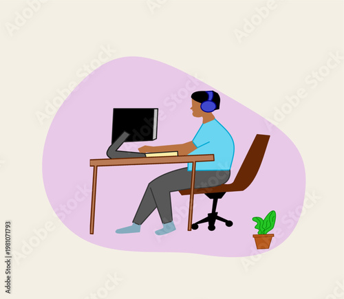 man working  in front of pc office set up.eps