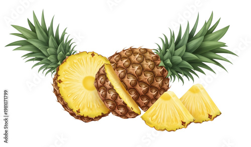 Detailed realistic pineapple with slices and textured skin vector illustration for tropical fruit branding and organic food concept