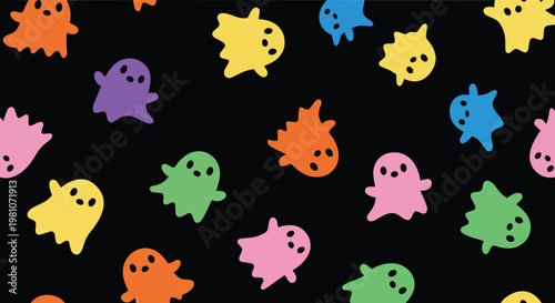 Colorful ghostly figures float on a black background with various expressions